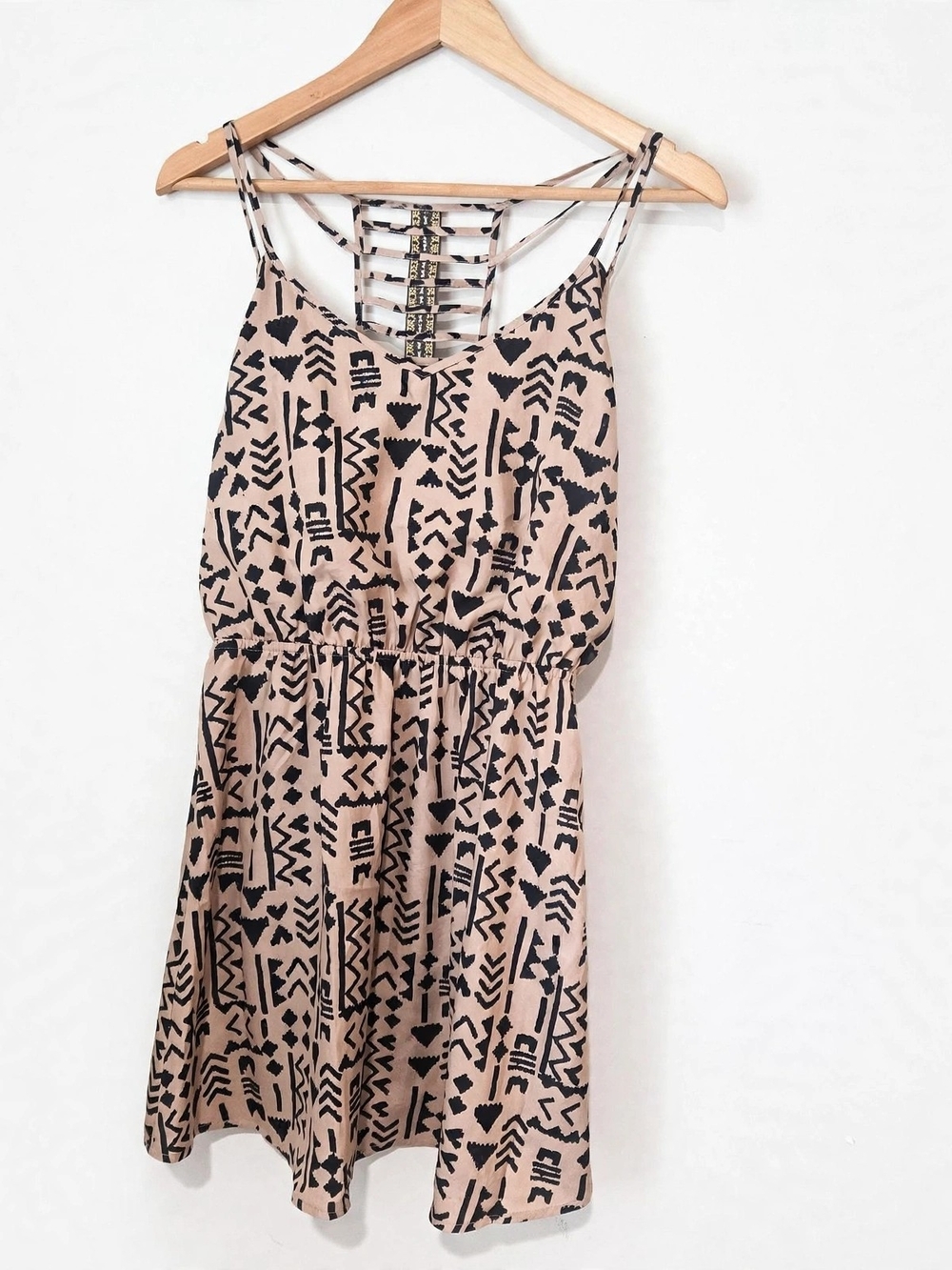 Beige  Geometric Print Mini Dress with Black